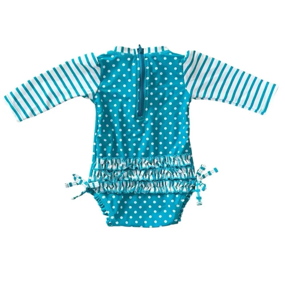 Ruffle Butts Aqua Polka Dot Long Sleeve Rash Guard Size 3-6 M